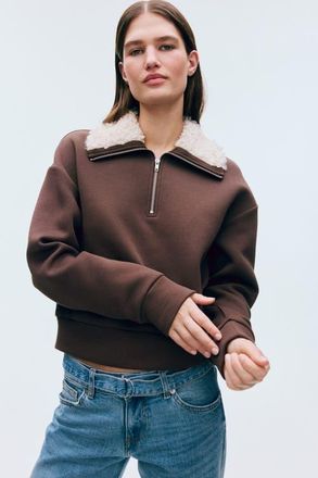 H&M Zip-top Scuba Knit Sweatshirt in Dark Brown at Nordstrom, Size Xx-Large