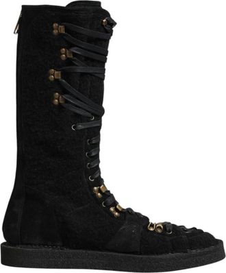 Dolce & Gabbana Luxe Alpaca Wol Su&egrave;de Laarzen - Heren - Veterlaarzen - Zwart - 44 EU - Wol - Schoenen