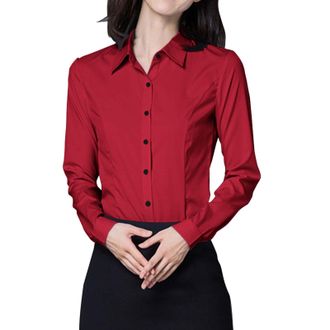 Generic Red Blouses For Women Uk Elegant Work Blouse Turndown Collar-Womens Blouses Soft With Buttons Office Blouses Elegant Smart Long Length Party Tops & T-