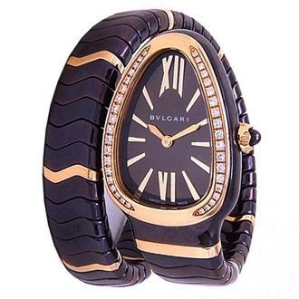 Bulgari Pre-owned Bvlgari Serpenti Spiga Quartz Diamond Black Dial Ladies Watch 104297
