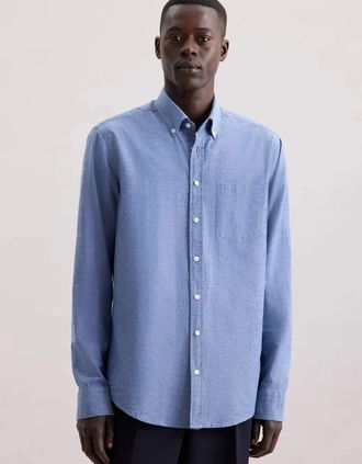 Seidensticker Seidensticker Mens Regular Fit Button Down Linen Blend Chambray Shirt Mid Blue - Size: 48/Regular
