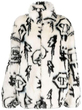 Philipp Plein monogram-print faux fur coat - White