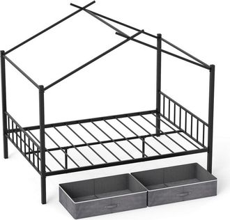 Costway Double Size House Bed Heavy-Duty Metal Platform Bed w/2 Drawers-Black