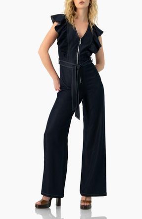 Ivonne V-Neck Denim Like Wide-Leg Jumpsuit in Navy Blue at Nordstrom, Size 14