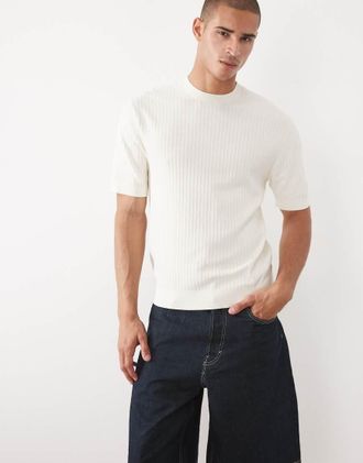 Selected T-shirt strutturata in maglia di misto viscosa color crema-Bianco