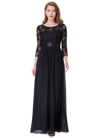 Ever-pretty Womens Round Neck 3/4 Sleeves A Line Empire Waist Lace Elegant Maxi Evening Party Dresses Black 14UK