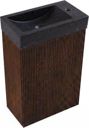 Saniclass Holz Atelier Toiletmeubelset - 40x60.5cm - 1 deur - fontein natuursteen donker - kraangat rechts - eiken charcoal
