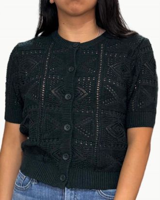 Autumn Cashmere Short Sleeve Tile Stitch Cardigan In Juniper