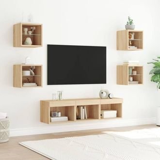 Berkfield Home Versatile 7 Piece TV Wall Units with LED Sonoma Oak Engineered Wood in Tan