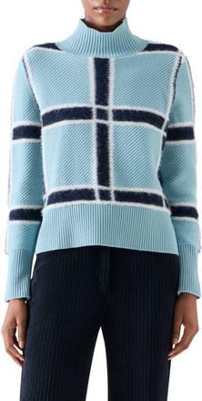 Akris Intarsia Plaid Wool & Cashmere Sweater in Light Blue-Cream-Navy at Nordstrom, Size 14