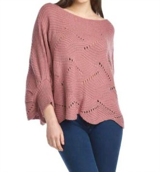 Papillon Open Knit Poncho Sweater With Scallop Hem In Pink