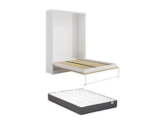 Vente-Unique Cama abatible 160 x 200 cm - Apertura vertical manual - Color: Natural y blanco + Colch&oacute;n - BEGANIO