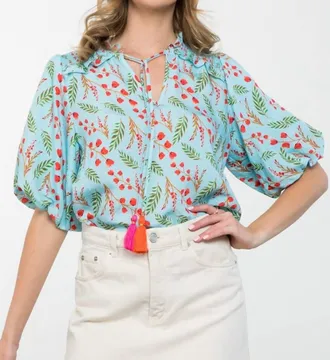 THML Clothing Puff Sleeve Print Top In Blue Multi