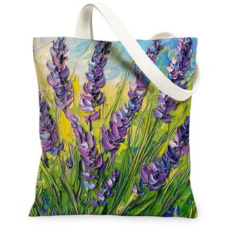 Generic Spring Oli Painting Lavender Canvas Tote Bag for Shopping 13x15, Floral Wildflower Garden Reusable Grocery Print Bag for Women Men, Flower Scene Aesth