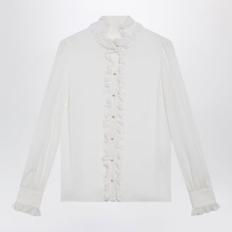 Dolce & Gabbana Silk georgette shirt with ruffles in optic white