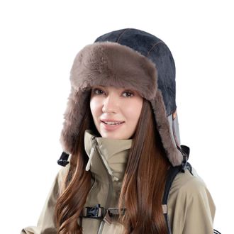 Generic Winter Trapper Hats for Women Bobble Hat with Ear Flaps Warm Fleece Lined Trapper Hats Knitted Windproof Cap Russian Aviator Hat Outdoor Cap for Skiin