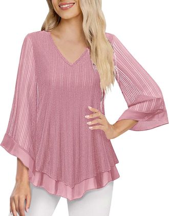 Generic Women Tops 3/4 Sleeve Sparkly Dressy Blouses Ladies V Neck Ruffle Glitter Tunic Tops Double Layers Mesh Shirt Flowy Casual Flared Sleeve Tshirts Light