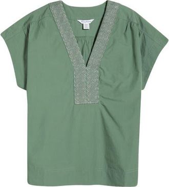 Tommy Bahama Oceana Isle Embroidered Cotton Popover Top in Dark Jade at Nordstrom, Size X-Large
