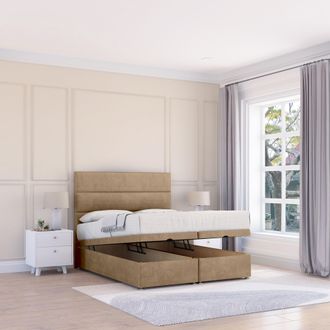 Sloomy Texas Naples Fabric Ottoman Bed End Opening With Sprung Memory Mattress & 26 Inch strut Headboard in Light Brown | Size: Small Single