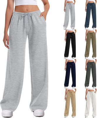 Generic Womens Wide Leg Sweatpants Straight Leg Low Rise Baggy Sweat Pants Drawstring Low Waist Fall Pants with Pockets, Light Gray, Large