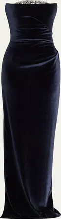 Pamella Roland Strapless Crystal Embellished Velvet Column Gown