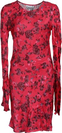 Ganni Ganni Floral-Print Long Sleeve Mini Dress in Red Viscose