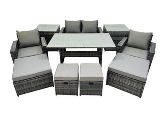Fimous Outdoor Dining Table Double Seat Sofa 2 Side Tables 4 Stools Set in Dark Grey