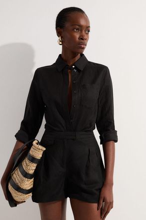 Karen Millen Womens Viscose Linen Woven Long Sleeve Shirt - Black - Size 12 UK