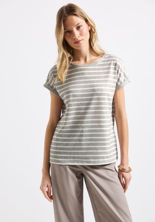 Street One Shirttop STREET ONE, Damen, Gr. 34, beige (schwarz moonstone sand), Jersey, Obermaterial: 80% Polyester, 20% Viskose, gestreift, regular fit taillenbe