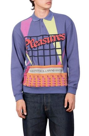 Pleasures Spotlight Print Long Sleeve Cotton Waffle Knit Polo in Navy at Nordstrom, Size Xx-Large