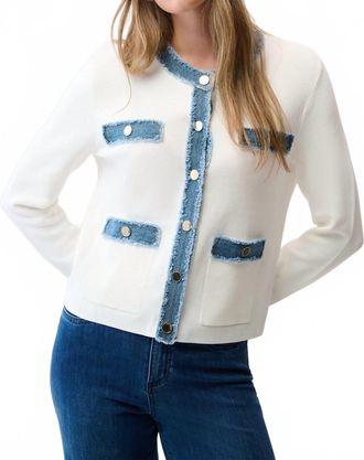 Joseph Ribkoff Denim Trim Button Front Jacket In Winter White/indigo
