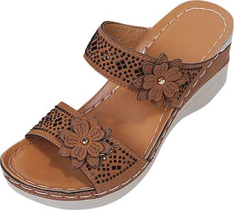 Generic Women Fashion Slip On Toe Beach Flowers Breathable Sandals Open Shoes For Ladies Summer Walking Comfort (Brown, 4.5)