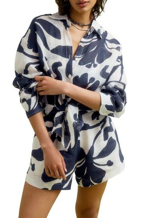 Vitamin A Playa Oversize Linen Cover-Up Shirt in Night Flower at Nordstrom, Size Medium