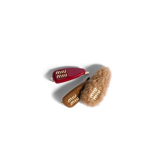 Miu Miu Set Of Leather, Suede, And Shearling Hair Clips, Woman, Caramel