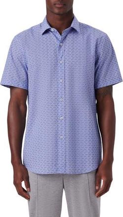 Bugatchi Classic Fit Print Cotton Short Sleeve Button-Up Shirt in Classic Blue at Nordstrom Rack, Size Medium