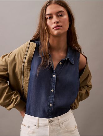 Calvin Klein Jeans Calvin Klein Womens Sleeveless Denim Button-Down Shirt - Blue - XS