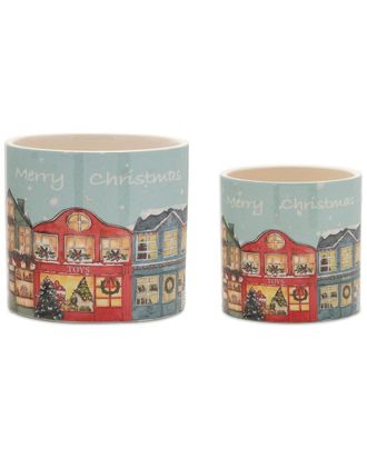 Melrose International Set Of 2 Merry Christmas Village Planter