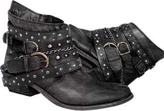 Generic Women Vintage Western Cowboy Boots Goth Vintage Rivet Metal Buckle Motorcycle Leather Booties Chunky Low Heel Cowgirl Ankle Booties Back Zipper Riding