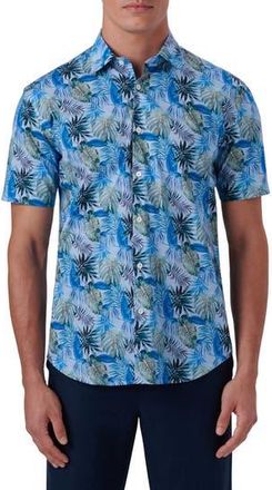 Bugatchi Classic Fit Print Stretch Cotton Short Sleeve Button-Up Shirt in Sky at Nordstrom Rack, Size Xx-Large