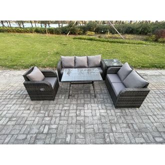 Fimous 6 Seater Outdoor Rattan Garden Furniture Set Patio Lounge Sofa Set with Dining Table Side Table Dark Grey Mixed - Fimous