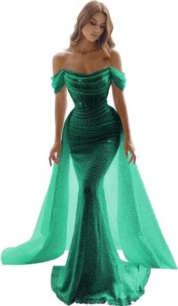 Generic Womens Sparkly Mermaid Prom Dresses Sequin Off Shoulder Detachable Train Formal Evening Dresses Long Trailing Ball Gown Teal S