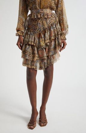 Etro Paisley Leopart Spot Tiered High-Low Silk Miniskirt in Dark Brown at Nordstrom, Size 10 Us