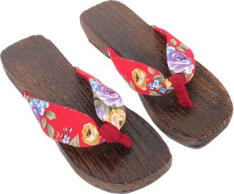 Frcolor Japanese Wooden Clogs Slippers Women Summer Wooden Slippers Decorative Traditional Daily Clogs Floral Pattern Size 38 Comfortable Home Use