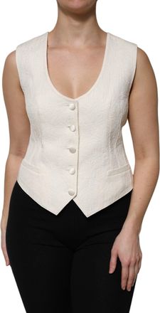Dolce & Gabbana Womens Ivory Cotton Button Down Sleeveless Vest Top Off White Silk