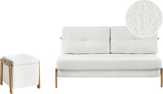 Beliani Conjunto De Sala De Estar Sof&aacute; Tapizado Con Funci&oacute;n De Cama Y Puf Con Almacenaje Hierro Boucl&eacute; Blanco Edland