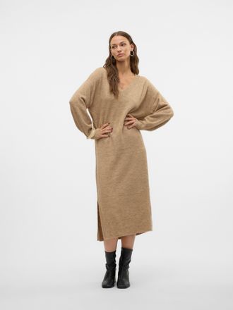 Vero Moda Strickkleid VERO MODA VMJUPITER LS V-NECK CALF DRESS BF, Damen, Gr. S, N-Gr, braun (silber mink detail:with melange), Feinstrick, Obermaterial: 75% Po