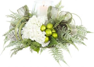 Creative Displays Inc. Handmade Modern Holiday Candleholder With Hydrangeas, Ornaments & Decorative Bows