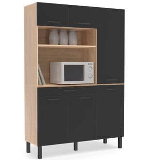 IDMarket Idmarket - Aparador De Cocina Cina Con Columna De 120 Cm, 6 Puertas + Caj&oacute;n, Acabado Haya Y Negro