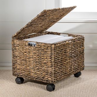 Happimess Ashton Classic Farmhouse Handwoven Hyacinth Rolling Filing Basket with Lid and 360 Degree Lockable Wheels in Brown at Nordstrom