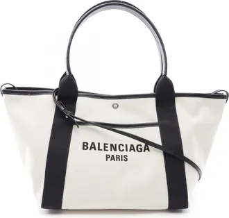 Balenciaga Black Ivory Canvas Leather Handbag Tote Bag (Pre-Owned)